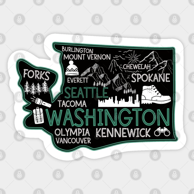 Washington Seattle cute map Tacoma Kennewick Forks Spokane Sticker by BoogieCreates